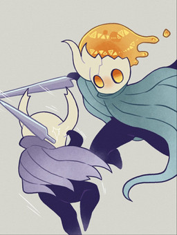ambiguous_gender black_body bodily_fluids cloak clothing disarmed duo fighting_pose glowing glowing_eyes green_cloak green_clothing grey_cloak grey_clothing jumping melee_weapon nail_(weapon) orange_eyes pose slashing violence weapon chacodoodle hollow_knight_(franchise) team_cherry broken_vessel_(hollow_knight) the_knight_(hollow_knight) arthropod infected_(species) vessel_(species) hi_res