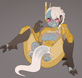 alien_genitalia ambiguous_gender ambiguous_penetration anthro armor bite biting_lip blue_body blush bodily_fluids clothing female female/ambiguous hair headgear looking_pleasured parasite penetration pink_eyes ponytail red_eyes short_hair solo strained sweat torn_clothing vaginal white_hair drosophyllum warhammer_(franchise) warhammer_40000 alien alien_humanoid humanoid t'au_(warhammer) hi_res