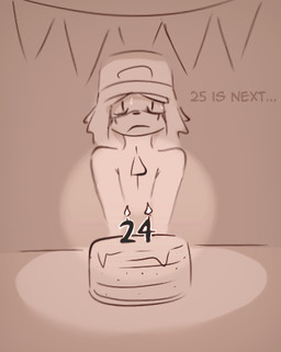 anthro birthday birthday_cake bodily_fluids cake candlelight clothed clothed_anthro clothed_male clothing dessert ears_down existential_crisis femboy food front_view frown furniture hair hat headgear headwear humor jacket light male pivoted_ears short_hair solo sweat table topwear kkoart kk_(kkoart) canid canine mammal raccoon_dog tanuki 2025 digital_drawing_(artwork) digital_media_(artwork) low_res monochrome sketch