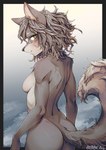 anthro blush breasts butt female fur grey_body grey_hair hair multicolored_body multicolored_fur nude open_mouth solo two_tone_body two_tone_fur yellow_eyes ayabemiso canid canine canis mammal wolf hi_res