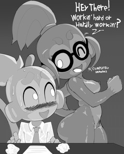 anthro big_butt blush blush_lines bodily_fluids breasts butt clothed clothing dialogue duo eyebrows eyewear female glasses grey_background hair male necktie nipples nude oblivious oblivious_nudity one_eye_closed ponytail pubes round_glasses simple_background small_breasts sweat sweatdrop text thick_eyebrows thick_thighs topwear white_clothing white_eyes white_topwear wide_hips wink monkiebrained bloons_tower_defense ninja_kiwi dart_monkey_(bloons) patch_(bloons) haplorhine mammal monkey primate english_text hi_res monochrome