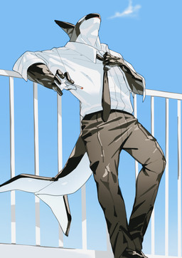anthro black_body blue_sky business_suit cigarette clothed clothing fully_clothed leaning male necktie sky solo suit white_body dera_kimidori aquatic cetacean dolphin mammal oceanic_dolphin orca toothed_whale 2022 absurd_res hi_res