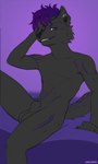 animal_genitalia anthro black_body black_fur fur genitals hair half-closed_eyes male markings narrowed_eyes penis purple_eyes purple_hair purple_markings purple_penis seductive sheath smile smirk solo oreobird canid canine mammal hi_res