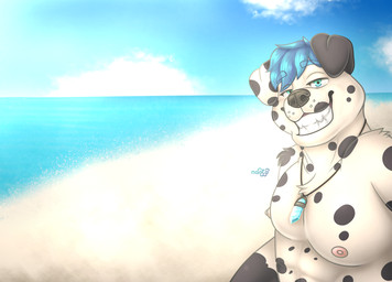 anthro beach blue_eyes blue_hair cloud day green_eyes hair male multicolored_eyes sea seaside sky smile solo summer sun sunny two_tone_eyes water naoto canid canine canis dalmatian domestic_dog mammal hi_res