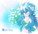 4_fingers abstract_background anthro blue_body blue_fur blue_hair claws dandelion eyes_closed fingers flower front_view fur hair holding_object long_hair male nude plant smile solo text white_body white_fur jeacn maier canid canine fox mammal english_text low_res