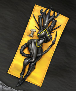 big_breasts breasts cleavage clothed clothing duo eyeball female one-piece_swimsuit side_boob sling_bikini smile swimming_pool swimwear tail thick_thighs under_boob wide_hips kory_cromie alien_(franchise) alien xenomorph xenomorph_queen 5:6 hi_res