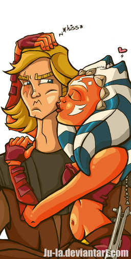 adolescent age_difference annoyed bandeau blonde_hair blue_eyes blue_lekku bottomwear clothing crop_top curvy_figure detailed_navel duo female hair heart_symbol holding_lighter holding_object kissing light_body light_skin lighter love male male/female midriff miniskirt navel orange_body orange_skin pelvic_bone shirt skirt topwear tube_top white_lekku young ju-la star_wars star_wars:_the_clone_wars ahsoka_tano anakin_skywalker alien human mammal togruta