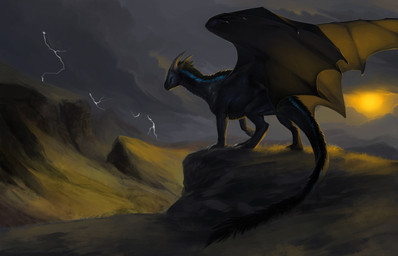 ambiguous_gender black_body black_feathers black_scales black_skin blue_body blue_eyes blue_feathers blue_markings detailed_background digitigrade electricity feathers feral grass grey_horn hill horn lightning markings membrane_(anatomy) membranous_wings mountain outside plant scales solo spread_wings standing sun sunrise tail wings allagar european_mythology mythology fyris dragon feathered_dragon feathered_scalie mythological_creature mythological_scalie scalie western_dragon absurd_res hi_res