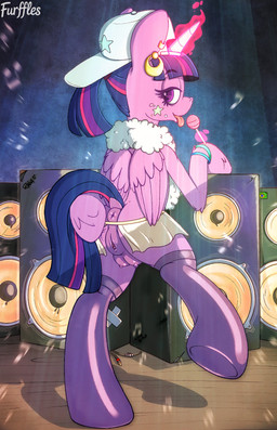 anus baseball_cap bottomwear butt candy clitoris clothing crotch_breasts dessert ear_piercing ear_ring female feral food genitals hat headgear headwear heart_eyes heart_symbol hooves horn legwear lollipop looking_at_viewer looking_back magic piercing puffy_anus ring_piercing skirt solo speaker spread_butt spreading stockings teats vulva wings furffles friendship_is_magic hasbro my_little_pony mythology twilight_sparkle_(mlp) equid equine mammal mythological_creature mythological_equine winged_unicorn absurd_res hi_res