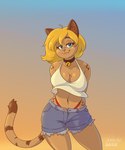 anthro bell bell_collar big_breasts blonde_hair blue_eyes bottomwear breasts clothing collar collarbone crop_top denim denim_bottomwear denim_clothing denim_shorts eyebrows eyelashes female fur glistening glistening_breasts hair inner_ear_fluff looking_at_viewer markings midriff mole_(marking) mole_on_breast mole_under_eye navel shirt shorts smile solo striped_markings striped_tail stripes tail tail_markings tan_body tan_fur thong_straps topwear tuft sammfeatblueheart cassandra_(psicoyote) domestic_cat felid feline felis mammal 2025 absurd_res hi_res