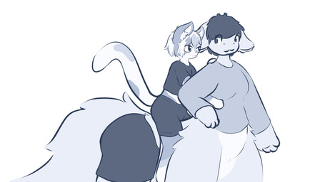 4_legs anthro big_tail biped bottomwear breasts calico_pattern clothed clothing countershade_torso countershading dark_hair duo eye_contact female female_taur fingers fluffy fur fur_tuft hair hand_on_shoulder inner_ear_fluff looking_at_another monotone_background multicolored_body multicolored_fur pants quadruped riding shirt simple_background sitting sitting_on_back size_difference smile spots tail topwear tuft two_tone_body two_tone_fur white_background psychpsyo cameron_(psychpsyo) calico_cat domestic_cat felid feline felis mammal taur 16:9 blue_and_white digital_drawing_(artwork) digital_media_(artwork) greyscale hi_res monochrome widescreen