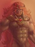 abs beard facial_hair flaccid genitals grin hair long_hair looking_at_viewer male mostly_nude muscular muscular_humanoid muscular_male nipples not_furry nude pecs penis penis_base simple_background smile solo benzy_(artist) nintendo the_legend_of_zelda ganondorf gerudo humanoid