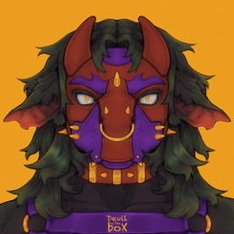 animal_mask anthro black_body black_fur black_hair collar fluffy fluffy_hair fur gold_(metal) hair harness looking_at_viewer male mask pink_inner_ear pup_mask simple_background solo wearing_collar wearing_harness yellow_background devil_in_the_box demon 1:1 2024 digital_drawing_(artwork) digital_media_(artwork) hi_res