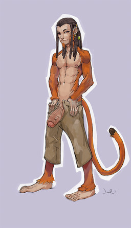 abs anthro clothed clothing dreadlocks erection facial_hair foreskin genitals goatee humanoid_genitalia humanoid_penis looking_at_viewer male penis smile solo standing thick_penis topless unzipped zipper julicat haplorhine mammal monkey primate
