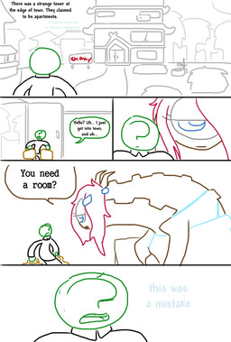 1_eye ?_face bodily_fluids dialogue door duo greeting hotel simple_background suitcase sweat text tower white_background the_weaver monstro_village anon dewbon human mammal 2013 comic english_text hi_res monochrome