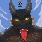 anthro bedroom_eyes bodily_fluids dark_body dark_skin dominant horn male muscular muscular_male narrowed_eyes orange_stripes saliva seductive solo stripes teeth tongue tongue_out yellow_eyes netiscraft mythology dragon mythological_creature mythological_scalie scalie 1:1 bust_portrait hi_res icon portrait