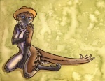 anthro avian_feet beak bedroom_eyes blue_eyes brown_body brown_feathers clothing covering covering_self feathers feet female hat hat_only headgear headgear_only headwear headwear_only looking_at_viewer mostly_nude narrowed_eyes pose scuted_arms scuted_feet scuted_hands scuted_legs scutes seductive solo tail tail_feathers talons toes ruaidri lizanne avian bird lyrebird oscine passerine superb_lyrebird pinup