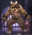 abs anthro balls beard biceps big_muscles bodily_fluids chained_cuffs clenched_teeth cuff_(restraint) cum cum_drip dripping eye_scar facial_hair facial_piercing facial_scar foreskin front_view genital_fluids genitals hair half-erect hooves horn male muscular muscular_male nipples nose_piercing nose_ring nude pecs penis piercing pubes quads red_eyes restraints retracted_foreskin ring_piercing scar shackles solo standing teeth vein veiny_penis qigiu blizzard_entertainment warcraft paladin_(wildigu) bovid bovine cattle mammal tauren absurd_res hi_res