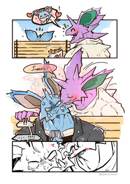 5_fingers ^_^ ambiguous_gender angry anthro back_spikes bench black_clothing black_jacket black_shirt black_topwear blue_body blue_sky blue_spikes bodily_fluids cellphone claws closed_smile clothed clothed_anthro clothed_male clothing cloud cloudy_sky cross-popping_vein day dialogue dot_pupils duo electronics emanata eyes_closed face_lick fangs finger_claws fingers flower front_view furrowed_eyebrows group heart_symbol holding_bag holding_cellphone holding_object holding_phone holding_smartphone interrobang jacket kissing licking licking_another looking_at_another looking_at_viewer male mistaken_identity mouth_closed nervous nervous_sweat on_bench onomatopoeia open_mouth open_smile outside overbite phone plant purple_body purple_spikes rear_view red_tongue rosy_cheeks saliva_on_face shirt sitting sitting_on_bench sky smartphone smile smiling_at_viewer smooch_(sound_effect) snout sound_effects sparkles speech_bubble spikes spikes_(anatomy) sweat sweaty_face talking_to_another tan_clothing tan_inner_ear tan_sweater tan_topwear teal_inner_ear teeth text thick_neck tongue tongue_showing topwear tremble_lines trio white_sclera ryeono_kemo nintendo pokemon generation_1_pokemon nidoking nidoqueen pokemon_(species) shiny_pokemon 2026 absurd_res artist_name black_and_white bust_portrait colored comic digital_drawing_(artwork) digital_media_(artwork) english_text hi_res korean_text monochrome portrait translated female_(lore)