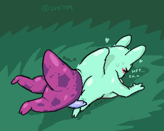>_< abdominal_bulge ambiguous_gender anal anal_vore animal_genitalia animal_penis blush canine_genitalia canine_penis duo erection eyes_closed feral genitals glorp grass green_body heart_symbol highlights_(coloring) looking_pleasured male markings penis plant purple_body semi-anthro shadow shlick simple_background spots spotted_markings vore svehaq_(artist) rain_world videocult slugcat 5:4 alternate_version_at_source hi_res male_(lore)
