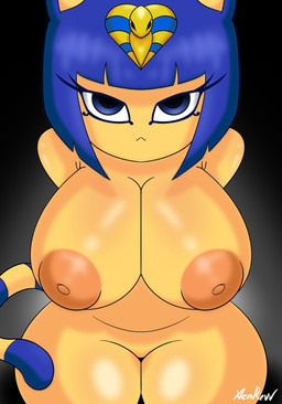 anthro areola big_breasts black_background blue_body blue_eyes blue_fur blue_hair breasts eyelashes featureless_crotch female front_view fur hair huge_breasts inverted_nipples looking_at_viewer markings nipples nude orange_areola orange_nipples short_hair simple_background solo striped_markings striped_tail stripes tail tail_markings thick_thighs uraeus wide_hips yellow_body yellow_fur xenrevv animal_crossing nintendo ankha_(animal_crossing) domestic_cat felid feline felis mammal hi_res