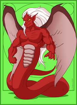 apode ear_piercing feathered_wings feathers hair humanoid_pointy_ears legless long_hair male muscular muscular_male piercing pointy_ears pupils serpentine slit_pupils solo split_form white_hair wings wom-bat disney gargoyles zafiro_(gargoyles) draconcopode gargoyle lamia reptile scalie snake 2015