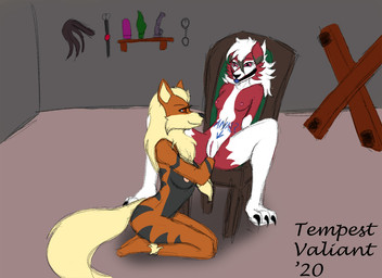 anthro bdsm breasts butt cuffs_(clothing) dildo dungeon duo female female/female fisting gag gagged genitals kneeling penetration sex_toy sitting spread_legs spreading vulva tempest_valiant nintendo pokemon arcanine generation_1_pokemon generation_7_pokemon lycanroc midnight_lycanroc pokemon_(species)