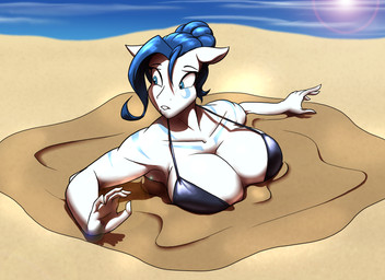 anthro big_breasts bikini bikini_top blue_eyes blue_hair breasts cleavage clothed clothing female hair lens_flare quicksand sea sinking solo stuck sun swimwear two-piece_swimsuit water toughset hasbro my_little_pony fan_character equid equine horse mammal pony 11:8 absurd_res hi_res