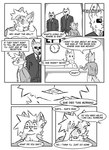 absurd_res anthro black_and_white canid canine clock clothed clothing comic dialogue door ear_piercing english_text eyewear fox group hi_res inner_ear_fluff kif_yppreah kifyun2 male mammal monochrome piercing simple_background speech_bubble suit sunglasses text tuft