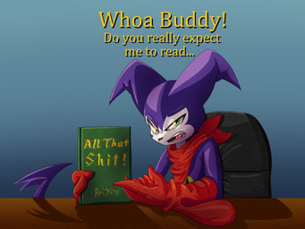 anthro book clothing gloves green_eyes handwear holding_book holding_object kerchief looking_at_viewer male multicolored_body purple_body purple_skin red_clothing red_gloves red_handwear red_kerchief solo spade_tail tail text two_tone_body alcoholictails bandai_namco digimon digimon_(species) imp impmon absurd_res english_text hi_res meme reaction_image