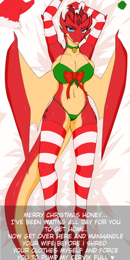 anthro bell bell_collar bikini blue_eyes body_pillow bow_ribbon clothing collar digitigrade female holidays legwear lying multicolored_body on_back pillow red_body solo stockings swimwear tail text thigh_highs two-piece_swimsuit two_tone_body wings venskryl christmas mythology dragon mythological_creature mythological_scalie scalie absurd_res hi_res