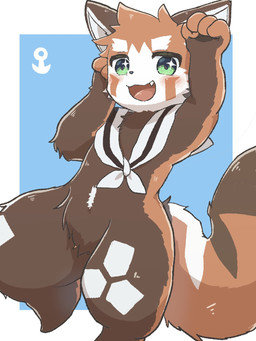 anthro blush crotch_tuft fangs green_eyes kemono looking_at_viewer male nude open_mouth raised_arm simple_background solo teeth tuft young young_anthro young_male shibireru ailurid mammal red_panda 2024 3:4 hi_res