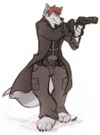 anthro gun handgun holding_gun holding_object holding_ranged_weapon holding_weapon male pistol ranged_weapon simple_background solo tail weapon white_background kuma deus_ex canid canine canis mammal wolf hi_res