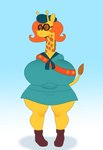 anthro beret big_breasts blush breasts clothing eyewear female glasses hair hat headgear headwear huge_breasts long_neck looking_away orange_hair sash solo spots thick_thighs uniform wide_hips yellow_body somescrub camp_lazlo cartoon_network nina_neckerly giraffe giraffid mammal 2021 absurd_res hi_res