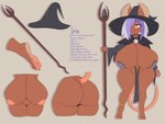 anthro big_breasts bone breasts brown_body brown_fur capelet clothed clothing countershade_feet countershading english_text feet female fur hair hair_over_eye hanging_breasts hat headgear headwear hi_res huge_breasts iris_(matypup) magic_user mammal matypup model_sheet mouse multicolored_hair murid murine one_eye_obstructed pawpads pink_pawpads purple_hair rodent sagging_breasts short_hair short_stack skimpy skull solo staff text two_tone_hair witch witch_hat yellow_eyes