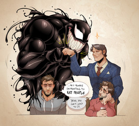 5_fingers cheekbones clothed clothing fingers fist_bump gesture group hair male muscular muscular_male not_furry sharp_teeth simple_background speech_bubble teeth text zillabean hannibal_(series) marvel eddie_brock hannibal_lecter venom_(marvel) will_graham human humanoid mammal symbiote crossover digital_media_(artwork) english_text