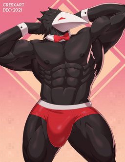 abs anthro biceps big_bulge black_body bow_tie bulge clothing cuff_links flexing glistening glistening_body male muscle_tone muscular muscular_anthro muscular_male nipples pecs red_eyes smile solo speedo swimwear thick_thighs cresxart deltarune undertale_(series) avian darkner swatchling absurd_res hi_res