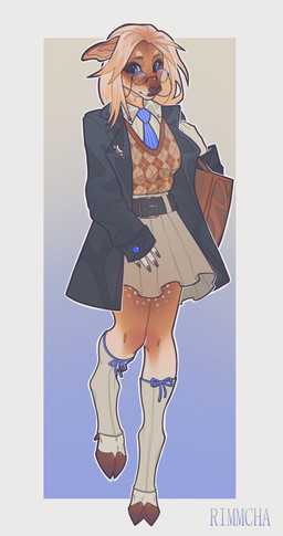accessory anthro bag belt blonde_hair blue_eyes bottomwear brooch clothing eyewear female footwear glasses glasses_chain hair knee_highs knee_socks legwear necktie overcoat ribbons shirt skirt socks solo sweater sweater_vest topwear vest rimmcha_(artist) deer mammal absurd_res hi_res