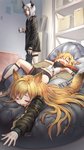 blonde_hair bottomwear clothing coffee_mug female group hair hoodie horn inside jacket shorts sleeping topwear young mitake_eil arknights hypergryph studio_montagne ceobe_(arknights) vermeil_(arknights) vulcan_(arknights) animal_humanoid canid canid_humanoid horned_humanoid humanoid mammal mammal_humanoid 2020 9:16 hi_res