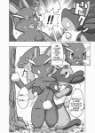 anthro anthrofied bodily_fluids breasts canid canine comic cum cum_on_face dialogue digital_media_(artwork) duo english_text erection female fur generation_4_pokemon genital_fluids genitals greyscale kurohane_karasu lagomorph lopunny lucario male male/female mammal monochrome nintendo nude penis pokemon pokemon_(species) pokemorph pussy sweat tail text