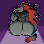 ambiguous_gender anthro big_butt butt butt_shot fur grey_body grey_fur grin looking_at_viewer looking_back markings neck_tuft red_markings smile smiling_at_viewer smirk smirking_at_viewer solo teasing teeth tuft gooeykazoo nintendo pokemon generation_5_pokemon pokemon_(species) zoroark 1:1 hi_res