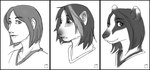 anthro female hair human_to_anthro looking_at_viewer mid_transformation open_mouth short_hair simple_background smile solo species_transformation surprise transformation white_background reddyeno5 badger human mammal mustelid musteline 2013 bust_portrait digital_media_(artwork) hi_res monochrome portrait sequence