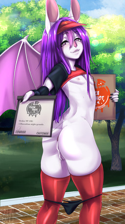 anus balls blush bodily_fluids butt clothing cum cum_in_ass cum_inside femboy food genital_fluids genitals hair hat headgear headwear leaking leggings legwear long_hair looking_at_viewer male mostly_nude nipples pizza presenting presenting_hindquarters purple_hair smile solo text text_on_clothing text_on_hat text_on_headwear thong underwear uniform visor_cap wings mishabahl pizza_thot helmed_(helmed) bat mammal english_text hi_res