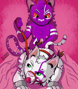 anthro bdsm blush bondage bound cuff_(restraint) dominant dominant_male duo erection fur genitals green_eyes hair handcuffed handcuffed_to_bed handcuffs harness horn leash leash_pull male male/male metal_cuffs nipples nude penetration penis purple_body purple_fur red_eyes restraints sex simple_background smile submissive submissive_male tail white_body white_fur yellow_eyes hzfow demon domestic_cat felid feline felis mammal digital_media_(artwork) hi_res