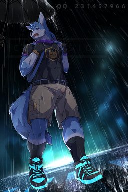 anthro backpack blue_body blue_fur bottomwear bulge clock clothed clothing duo fingerless_gloves footwear fur gloves handwear male night offscreen_character open_mouth outside raining shirt shoes shorts simple_background sneakers solo_focus standing topwear umbrella watch white_body white_fur wristwatch baiyushou canid canine canis mammal wolf 2019 hi_res