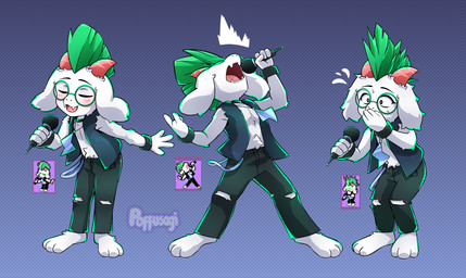 3_toes 4_fingers anthro barefoot covering covering_mouth electronics eyewear fangs feet fingers fur glasses green_hair hair horn logo male microphone mohawk pink_horn singing solo teeth toes white_body white_fur poffusagi deltarune undertale_(series) ralsei boss_monster_(undertale) darkner 2025 absurd_res artist_logo hi_res watermark