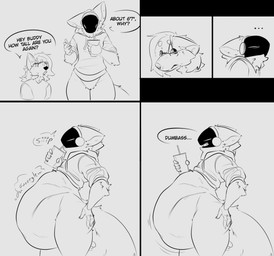 abdominal_bulge ambiguous_gender anthro belly beverage big_belly big_butt big_ears body_outline bottomless butt clothed clothing digestion_noises duo eyewear fluffy glasses gurgle_(sound_effect) hair hoodie hoodie_only insult long_hair machine male male_prey neck_tuft rumbling_stomach side_eye thick_thighs topwear topwear_only tuft vore wide_hips gurglegluts buddy_(gurglegluts) jay_(gurglegluts) canid canine canis domestic_dog mammal mixed_breed protogen shepsky comic hi_res meme monochrome sequence