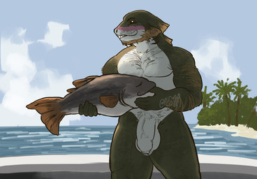 anthro balls beach beard biped body_hair chest_hair facial_hair fishing flaccid foreskin genitals male palm_tree penis plant pubes scrotum_flap smile solo standing tree vein veiny_penis allstarfall nick_threesome aquatic fish salmonid_(fish) hi_res
