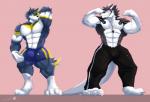 abs agonylight anthro barefoot biceps big_muscles black_body black_fur black_nose bottomwear bulge canid canine canis chest_tuft claws clothed clothing digital_media_(artwork) discordnight dog_tags duo eyes_closed fangs feet flexing fur grey_background hair hi_res male mammal muscular obliques pants pecs sergal shorts simple_background smile standing tail teeth toe_claws topless triceps tuft white_body white_fur wolf yellow_eyes zupat