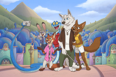 anthro blue_body blue_scales brown_body brown_fur clothing dog_tags female feral fur grey_body grey_fur group hoodie jacket male necktie orange_body orange_fur pointy_ears rabbit_ears scales selfie topwear white_body white_fur yellow_eyes aar0njay disney zootopia fan_character gary_de'snake judy_hopps nick_wilde canid canine canis coyote european_rabbit fox lagomorph leporid mammal oryctolagus pit_viper rabbit red_fox reptile scalie snake true_fox viper wolf hi_res